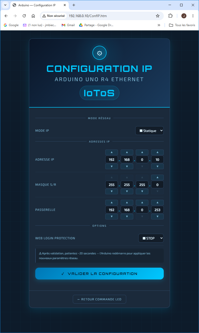 Page WEB IoToS — Configuration IP